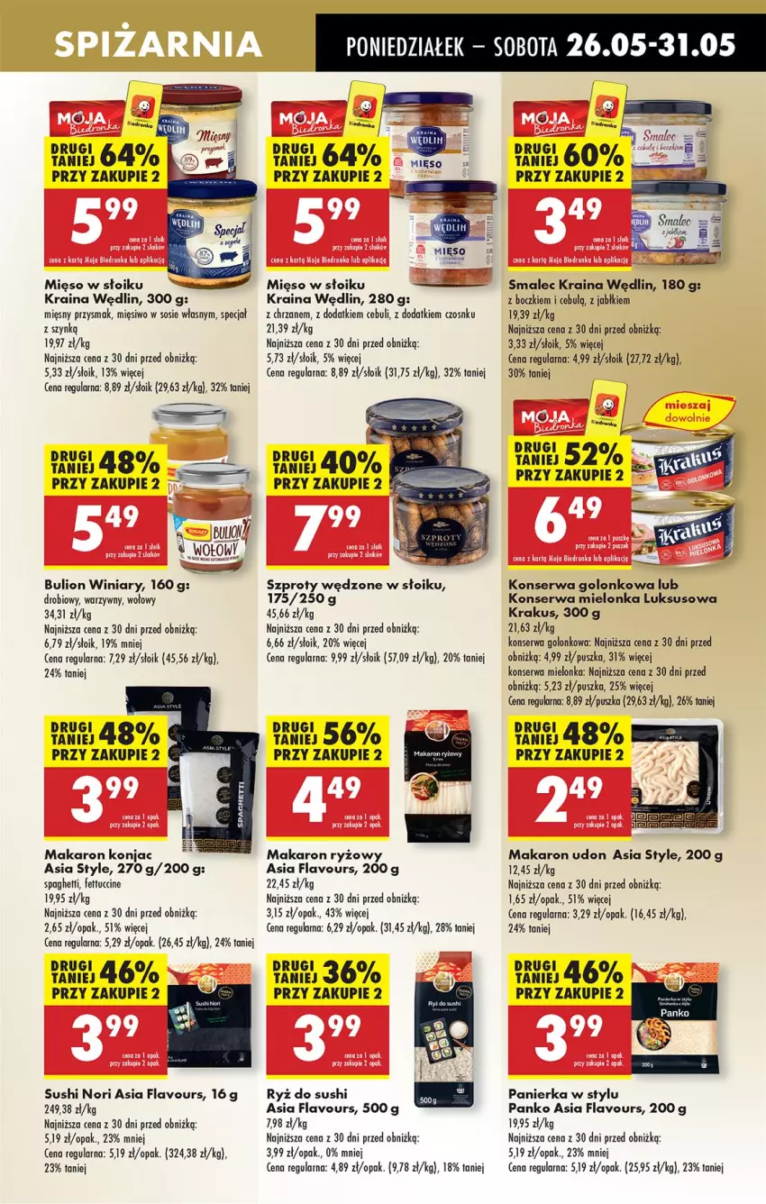 Gazetka promocyjna Biedronka - Od Poniedziałku - ważna 26.05 do 31.05.2025 - strona 43 - produkty: Bulion, Chrzan, Fa, Koc, Krakus, Lion, Makaron, Makaron ryżowy, Mięso, Mięso w słoiku, Ryż, Ryż do sushi, Ser, Smalec, Sos, Spaghetti, Sushi, Szprot, Winiary