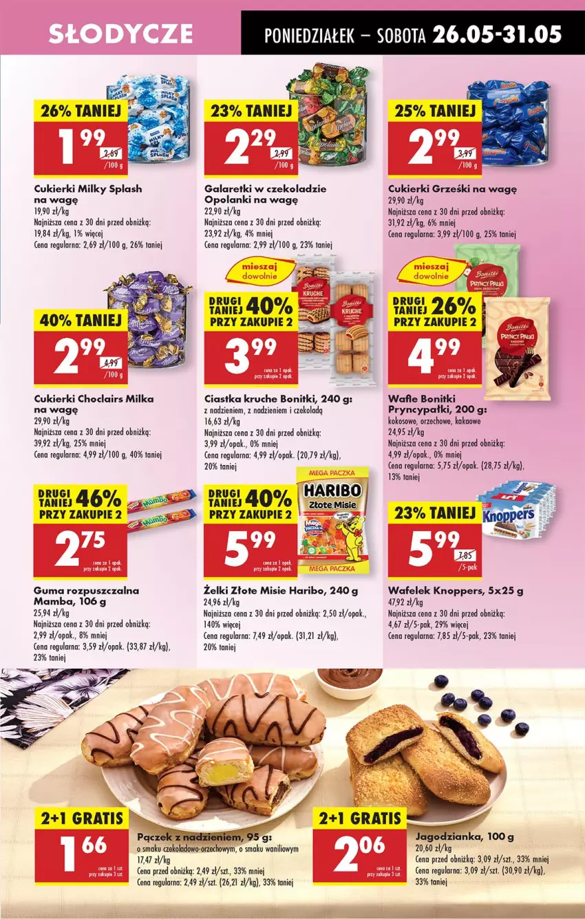 Gazetka promocyjna Biedronka - Od Poniedziałku - ważna 26.05 do 31.05.2025 - strona 49 - produkty: Bonitki, Ciastka, Cukier, Cukierki, Gala, Galaretki, Grześki, Guma rozpuszczalna, Haribo, Jagodzianka, Kakao, Knoppers, Kokos, Lanki, Mamba, Milka, Pączek, Wafelek, Wafle