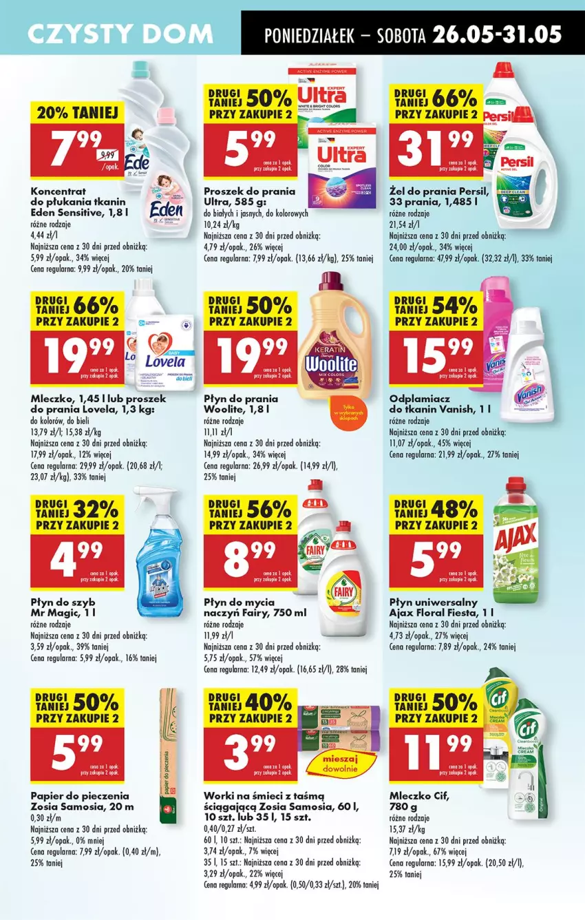 Gazetka promocyjna Biedronka - Od Poniedziałku - ważna 26.05 do 31.05.2025 - strona 63 - produkty: Ajax, Cif, Fa, Fairy, Flora, Lovela, Mleczko, Odplamiacz, Papier, Papier do pieczenia, Persil, Piec, Płyn do mycia, Płyn do prania, Płyn do szyb, Proszek do prania, Vanish, Woolite, Worki na śmiec, Worki na śmieci