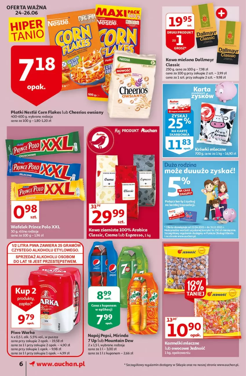 Gazetka promocyjna Auchan - Festiwal Cen Supermarkety - ważna 24.06 do 30.06.2021 - strona 6 - produkty: BIC, Cheerios, Corn flakes, Dallmayr, Fa, Kawa, Kawa mielona, Kawa ziarnista, Krówki mleczne, Mirinda, Napój, Pepsi, Piwo, Tran, Warka