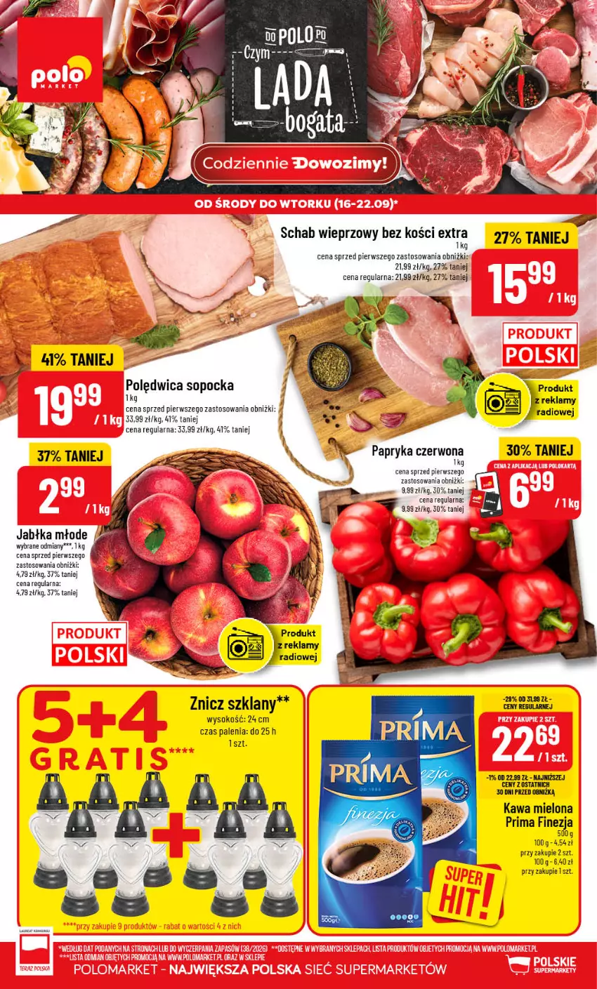 Gazetka promocyjna PoloMarket - Gazetka POLOmarket - ważna 16.09 do 22.09.2026 - strona 1 - produkty: Jabłka, Kawa, Kawa mielona, Papryka, Papryka czerwona, Polędwica, Prima, Schab wieprzowy, Sok, Znicz