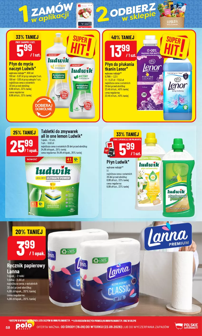 Gazetka promocyjna PoloMarket - Gazetka POLOmarket - ważna 16.09 do 22.09.2026 - strona 58 - produkty: Do mycia naczyń, Lenor, Ludwik, Papier, Płyn do mycia, Płyn do mycia naczyń, Płyn do płukania, Ręcznik, Tablet