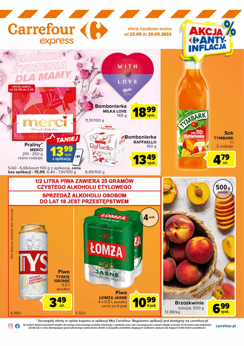 Gazetka promocyjna Carrefour - Gazetka Express - ważna 23.05 do 29.05.2023 - strona 2 - produkty: Fa, Kosz, Milka, Piwo, Raffaello, Sok, Tymbark, Tyskie