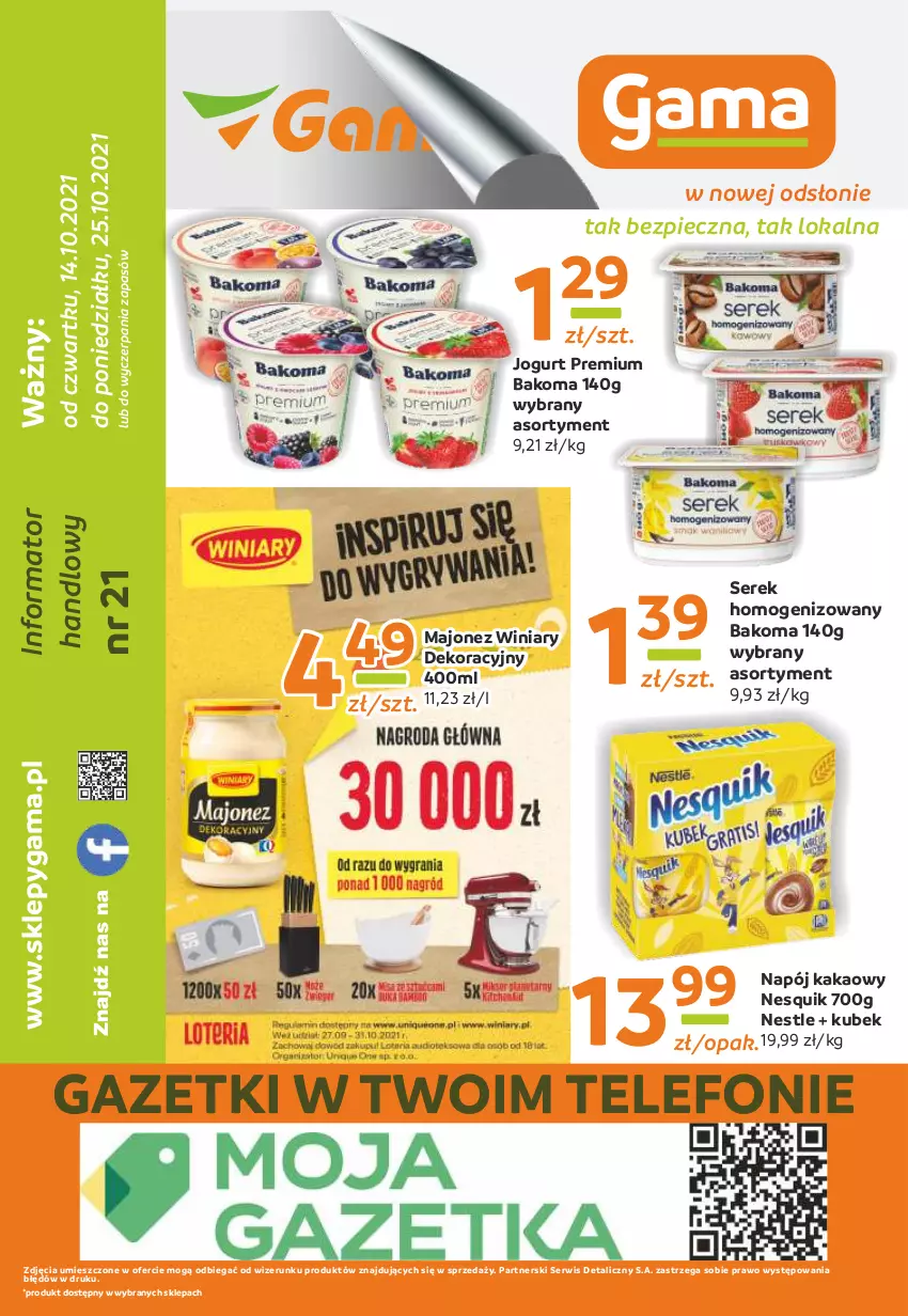 Gazetka promocyjna Gama - Gazetka Gama - ważna 14.10 do 25.10.2021 - strona 12 - produkty: Bakoma, Jogurt, Kakao, Kubek, Majonez, Napój, Nesquik, Piec, Ser, Serek, Serek homogenizowany, Telefon, Winiary