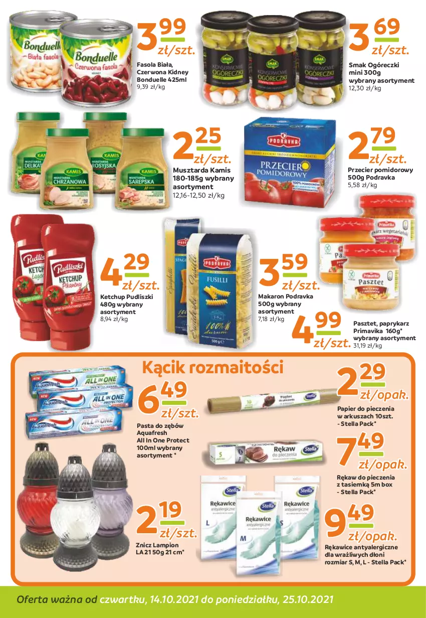 Gazetka promocyjna Gama - Gazetka Gama - ważna 14.10 do 25.10.2021 - strona 8 - produkty: Aquafresh, Bonduelle, Fa, Fasola, Kamis, Ketchup, Lampion, Makaron, Mus, Musztarda, Papier, Papier do pieczenia, Papryka, Paprykarz, Pasta do zębów, Pasztet, Piec, Podravka, Prima, Primavika, Pudliszki, Rękaw do pieczenia, Rękawice, Znicz