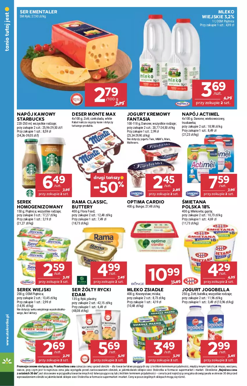 Gazetka promocyjna Stokrotka - Supermarket - ważna 17.06 do 25.06.2025 - strona 16 - produkty: Actimel, Bell, Bella, Czekolada, Danone, Deser, Edam, Ementaler, Fa, Fanta, Flora, Jogobella, Jogurt, Mars, Mięso, Miska, Mleko, Mleko zsiadłe, Mlekovita, Monte, Napój, Optima, Optima Cardio, Owoce, Piątnica, Rama, Rycki Edam, Ser, Serek, Serek homogenizowany, Serek wiejski, Sok, Twix, Warzywa, Zott