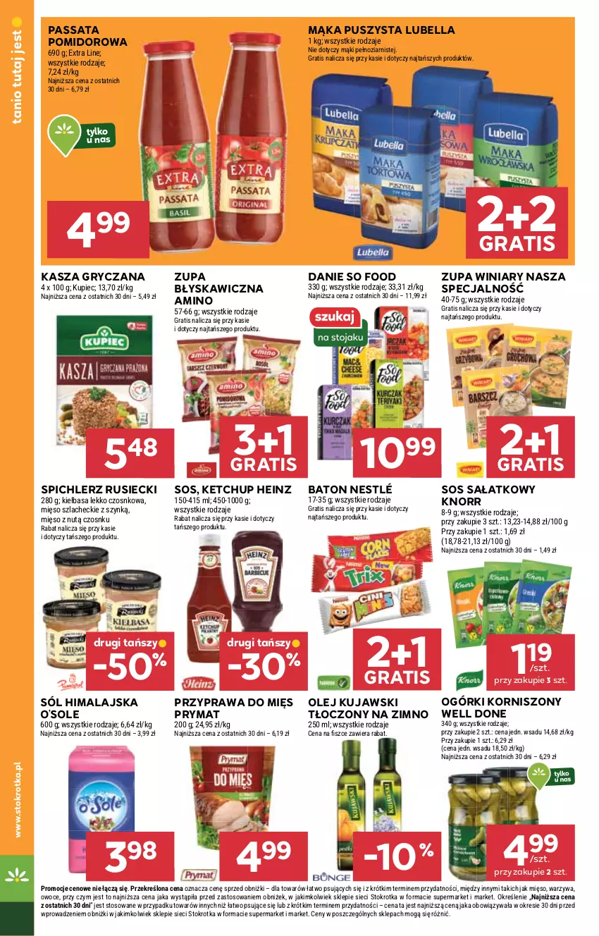 Gazetka promocyjna Stokrotka - Supermarket - ważna 17.06 do 25.06.2025 - strona 20 - produkty: Baton, Bell, Bella, Gra, Gry, Heinz, Kasza, Kasza gryczana, Ketchup, Kiełbasa, Knorr, Korniszony, Kujawski, Kupiec, Lubella, Mąka, Mięso, Nestlé, Olej, Owoce, Piec, Prymat, Sałat, So Food, Sól, Sól himalajska, Sos, Spichlerz Rusiecki, Warzywa, Winiary, Zupa
