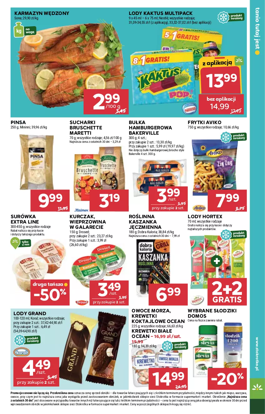 Gazetka promocyjna Stokrotka - Supermarket - ważna 17.06 do 25.06.2025 - strona 23 - produkty: Bruschette, Bułka, Bułka hamburger, Burger, Frytki, Gala, Gra, Hamburger, Hortex, Kaktus, Karmazyn wędzony, Kasza, Kaszanka, Krewetki, Kurczak, Lody, Mięso, Nestlé, Owoce, Owoce morza, Surówka, Warzywa, Wieprzowina