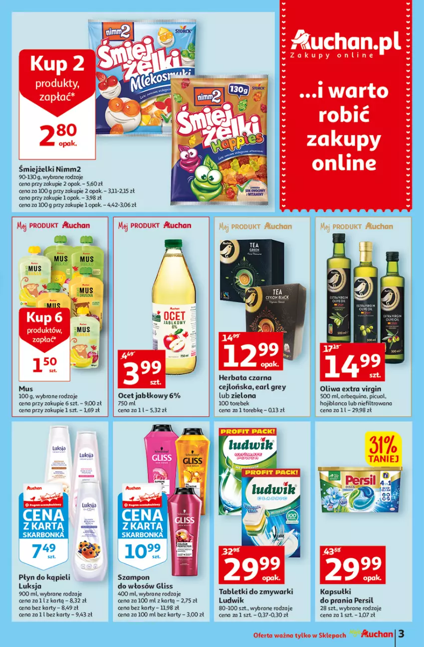 Gazetka promocyjna Auchan - Tygodniowe przeNISKIE CENY Moje Auchan - ważna 18.08 do 24.08.2022 - strona 3 - produkty: Earl Grey, Gin, Herbata, Herbata czarna, Ludwik, Luksja, Mus, Nimm2, Ocet, Oliwa, Persil, Płyn do kąpieli, Szampon, Tablet, Tabletki do zmywarki, Zmywarki