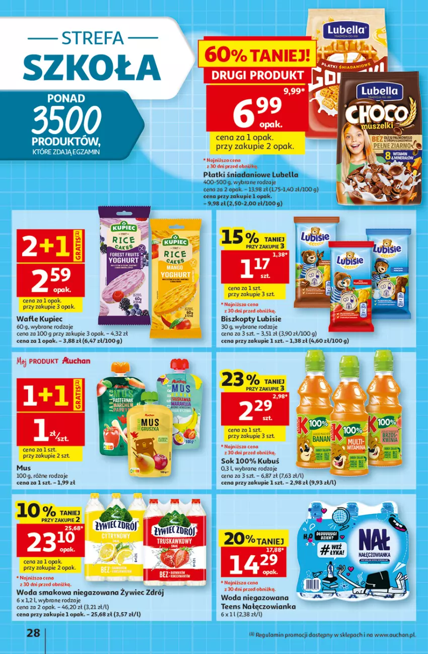 Gazetka promocyjna Auchan - 30 Lat Hipermarket - ważna 20.08 do 26.08.2026 - strona 28 - produkty: Bell, Bella, Biszkopty, Danio, Fa, Gra, Kubuś, Kupiec, Lubella, Lubisie, Mus, Piec, Sok, Wafle, Woda, Woda niegazowana