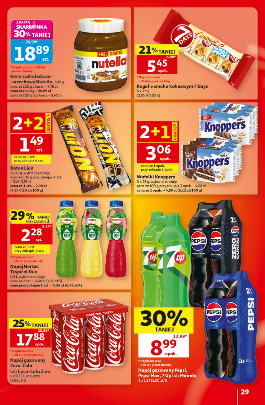 Gazetka promocyjna Auchan - 30 Lat Hipermarket - ważna 20.08 do 26.08.2026 - strona 29 - produkty: 7 Days, Baton, Coca-Cola, Hortex, Kakao, Knoppers, Lion, Napój, Napój gazowany, Nutella, Rogal, Tropical