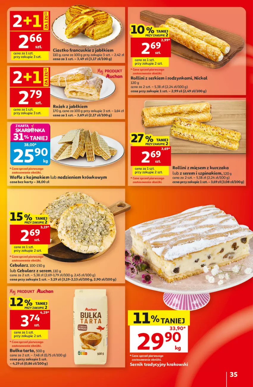 Gazetka promocyjna Auchan - 30 Lat Hipermarket - ważna 20.08 do 26.08.2026 - strona 35 - produkty: Bułka, Bułka tarta, Cebula, Kurczak, Ser, Szpinak, Tarta, Wafle