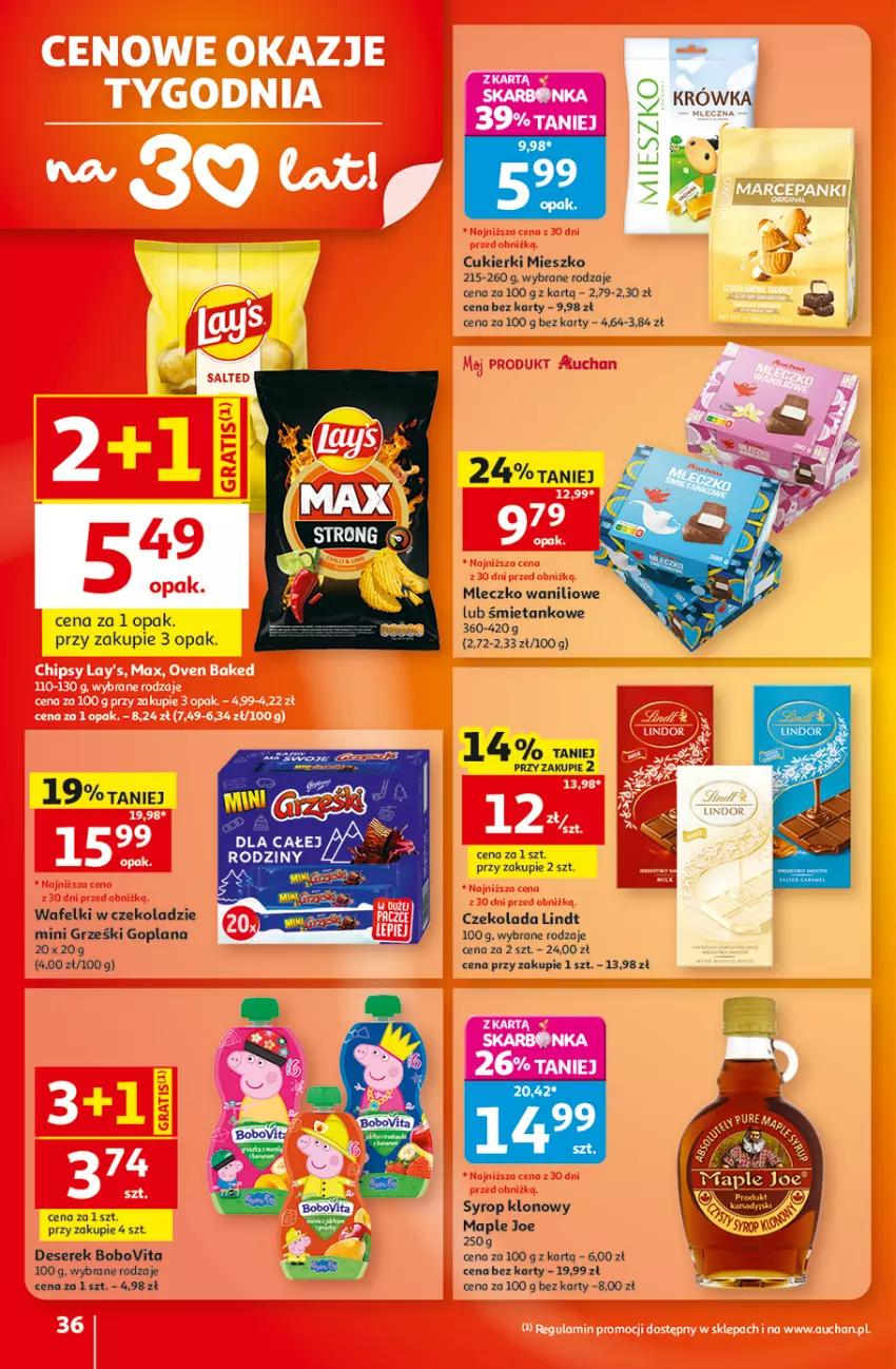 Gazetka promocyjna Auchan - 30 Lat Hipermarket - ważna 20.08 do 26.08.2026 - strona 36 - produkty: BoboVita, Cukier, Cukierki, Czekolada, Deser, Goplana, Grześki, LANA, Lindt, Mini Grześki, Mleczko, Ser, Serek, Syrop