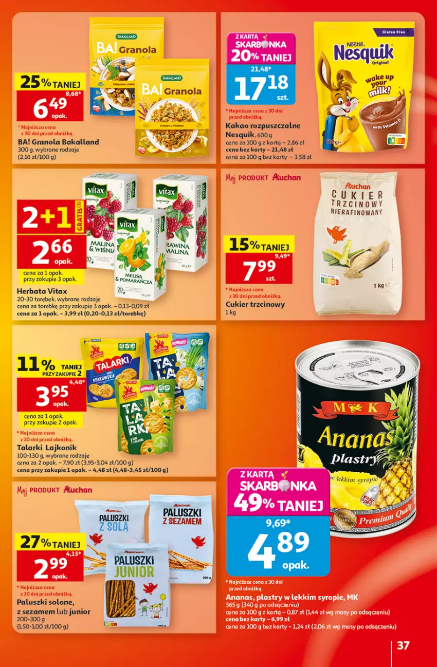 Gazetka promocyjna Auchan - 30 Lat Hipermarket - ważna 20.08 do 26.08.2026 - strona 37 - produkty: Ba!, Bakalland, Cukier, Cukier trzcinowy, Gin, Gra, Granola, Herbata, Kakao, Lajkonik, Nesquik, Sezam, Vitax