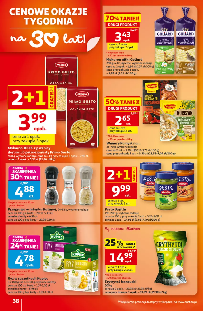 Gazetka promocyjna Auchan - 30 Lat Hipermarket - ważna 20.08 do 26.08.2026 - strona 38 - produkty: Barilla, Fa, Goliard, Kupiec, Kurczak, LG, Makaron, Pesto, Piec, Ryż, Winiary