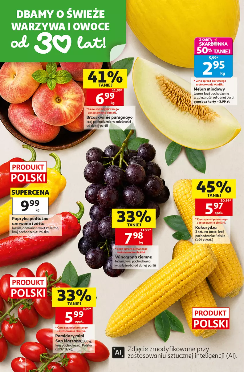 Gazetka promocyjna Auchan - 30 Lat Hipermarket - ważna 20.08 do 26.08.2026 - strona 4 - produkty: Brzoskwinie, Intel, Kukurydza, Melon, Owoce, Papryka, Papryka podłużna, Pomidory, Warzywa, Warzywa i owoce, Wino, Winogrona