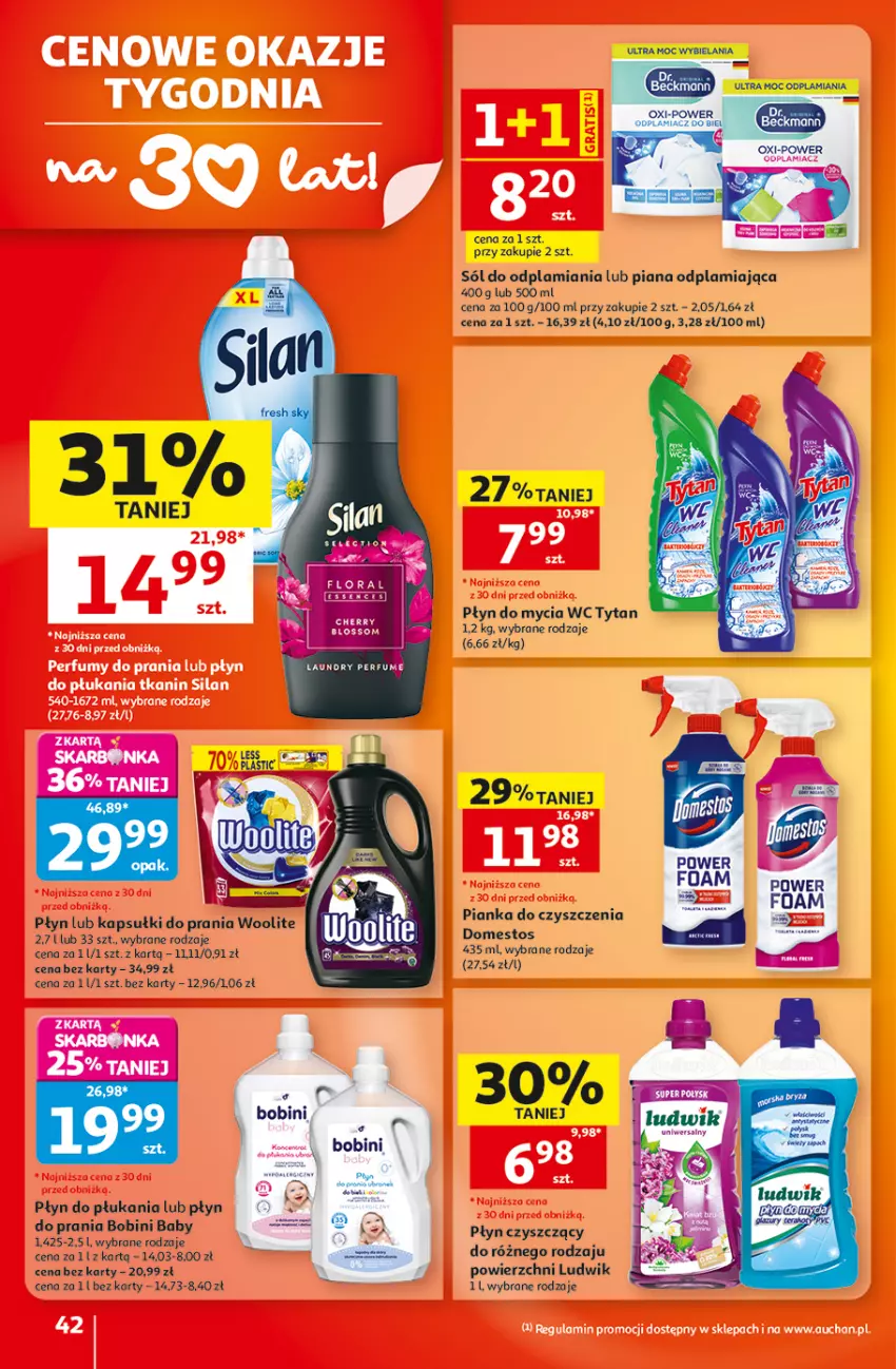 Gazetka promocyjna Auchan - 30 Lat Hipermarket - ważna 20.08 do 26.08.2026 - strona 42 - produkty: Domestos, Kapsułki do prania, LG, Ludwik, Perfum, Pianka do czyszczenia, Płyn do mycia, Płyn do płukania, Silan, Sól, Tytan, Woolite