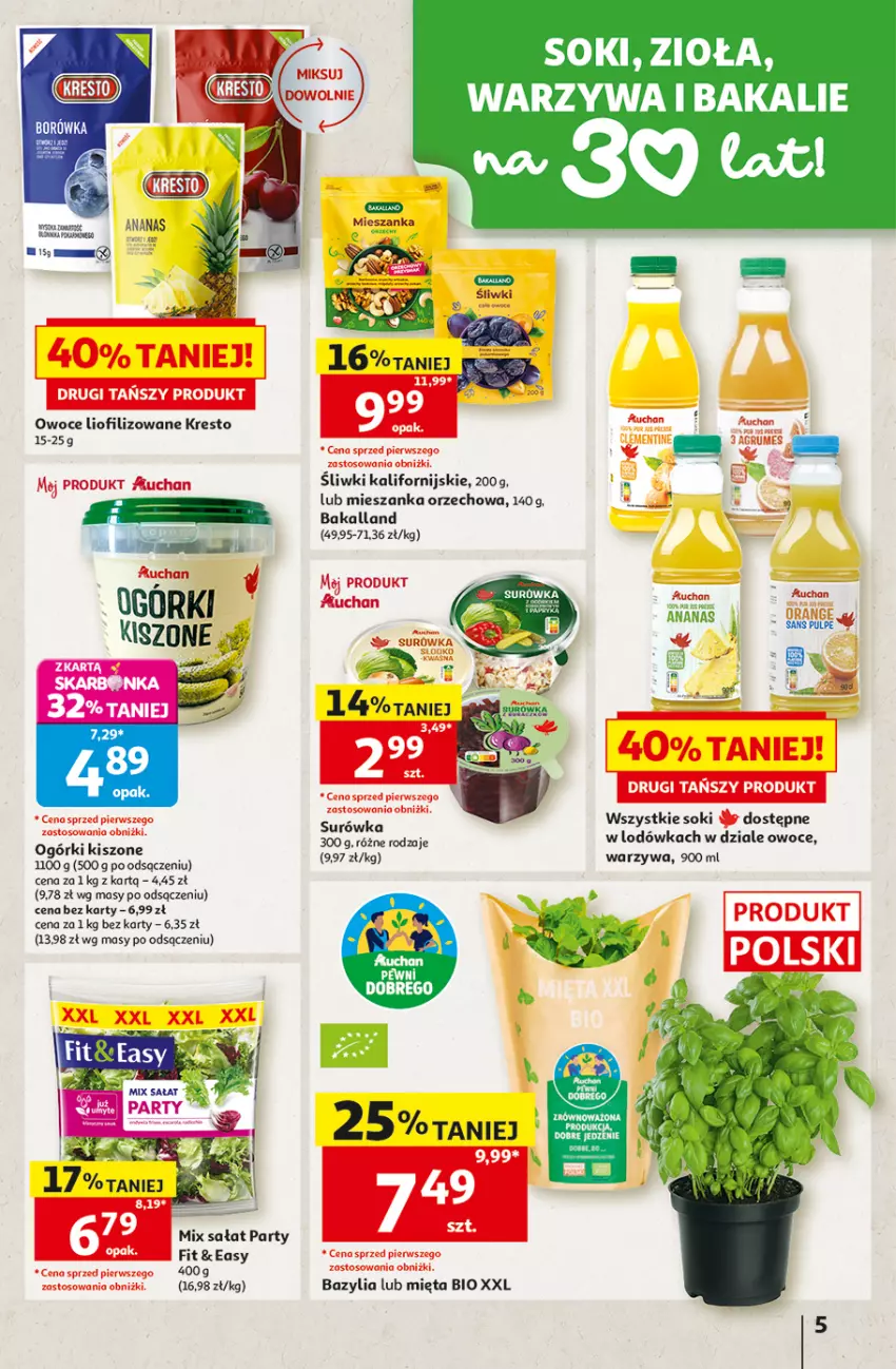 Gazetka promocyjna Auchan - 30 Lat Hipermarket - ważna 20.08 do 26.08.2026 - strona 5 - produkty: Ananas, Bakalland, Bazyl, Bazylia, Borówka, Lodówka, Mieszanka orzechowa, Mięta, Owoce, Sałat, Sok, Surówka, Warzywa