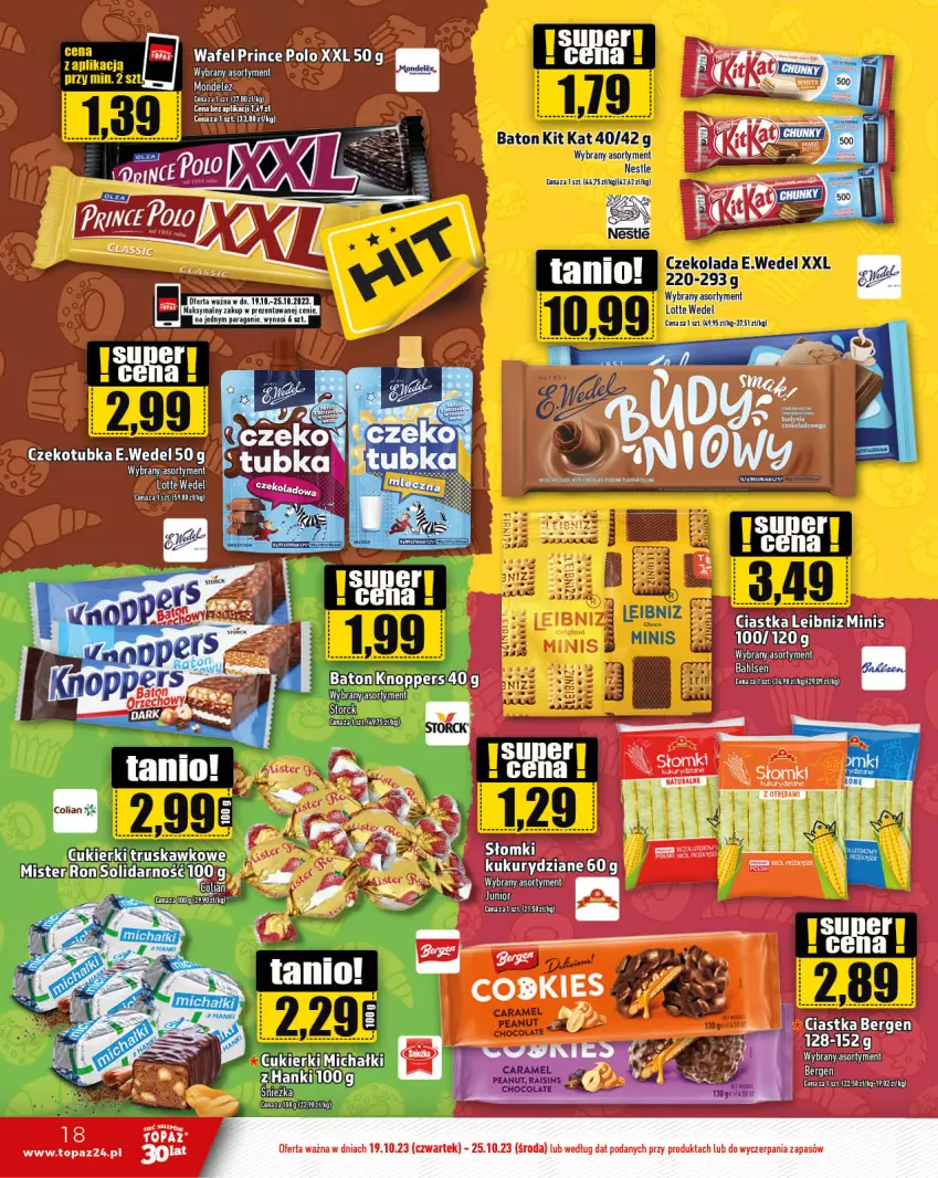 Gazetka promocyjna Topaz - Gazetka - ważna 19.10 do 25.10.2023 - strona 18 - produkty: Baton, Ciastka, Cukier, Cukierki, Kit Kat, Knoppers, Michałki, Prince Polo, Top