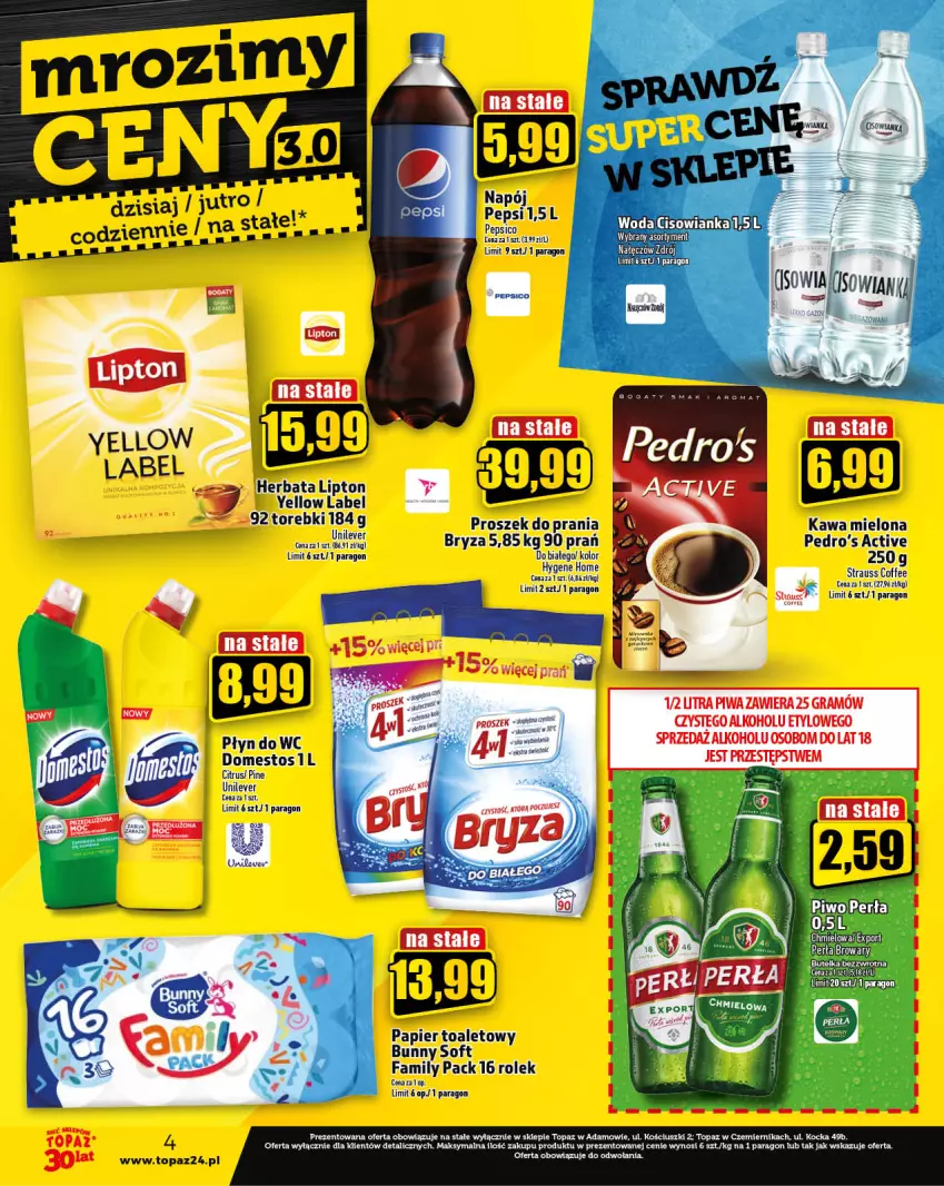 Gazetka promocyjna Topaz - Gazetka - ważna 19.10 do 25.10.2023 - strona 4 - produkty: Bryza, Domestos, Fa, Gra, Kawa, Kawa mielona, Lipton, Napój, Papier, Pepsi, Perła, Piwa, Piwo, Płyn do wc, Por, Proszek do prania, Top