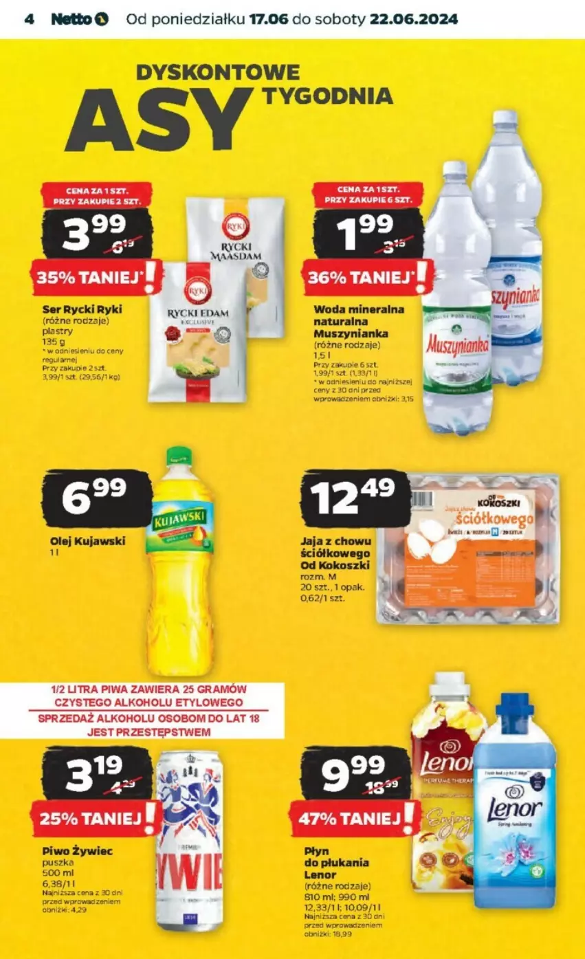 Gazetka promocyjna Netto - ważna 17.06 do 23.06.2024 - strona 21 - produkty: Jaja, Kokos, Kosz, Kujawski, Lenor, Mus, Muszynianka, Olej, Piwo, Płyn do płukania, Ser, Woda, Woda mineralna