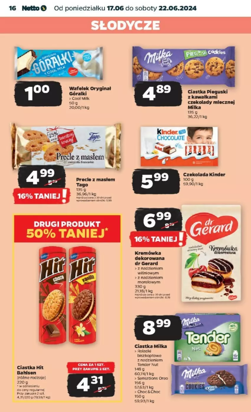 Gazetka promocyjna Netto - ważna 17.06 do 23.06.2024 - strona 8 - produkty: Ciastka, Czekolada, Dr Gerard, Gin, Góralki, Kawa, Kinder, Kremówka, LG, Milka, Oreo, Sati, Wafelek