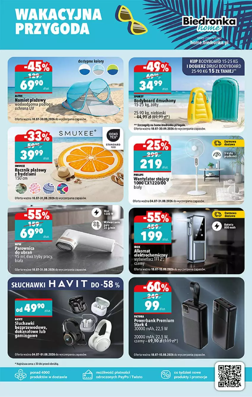 Gazetka promocyjna Biedronka - Okazje Tygodnia - ważna 20.07 do 01.08.2026 - strona 43 - produkty: Alkomat, Body, Fa, LG, Namiot, Philips, Por, Powerbank, Ręcznik, Słuchawki, Stek, Wasa