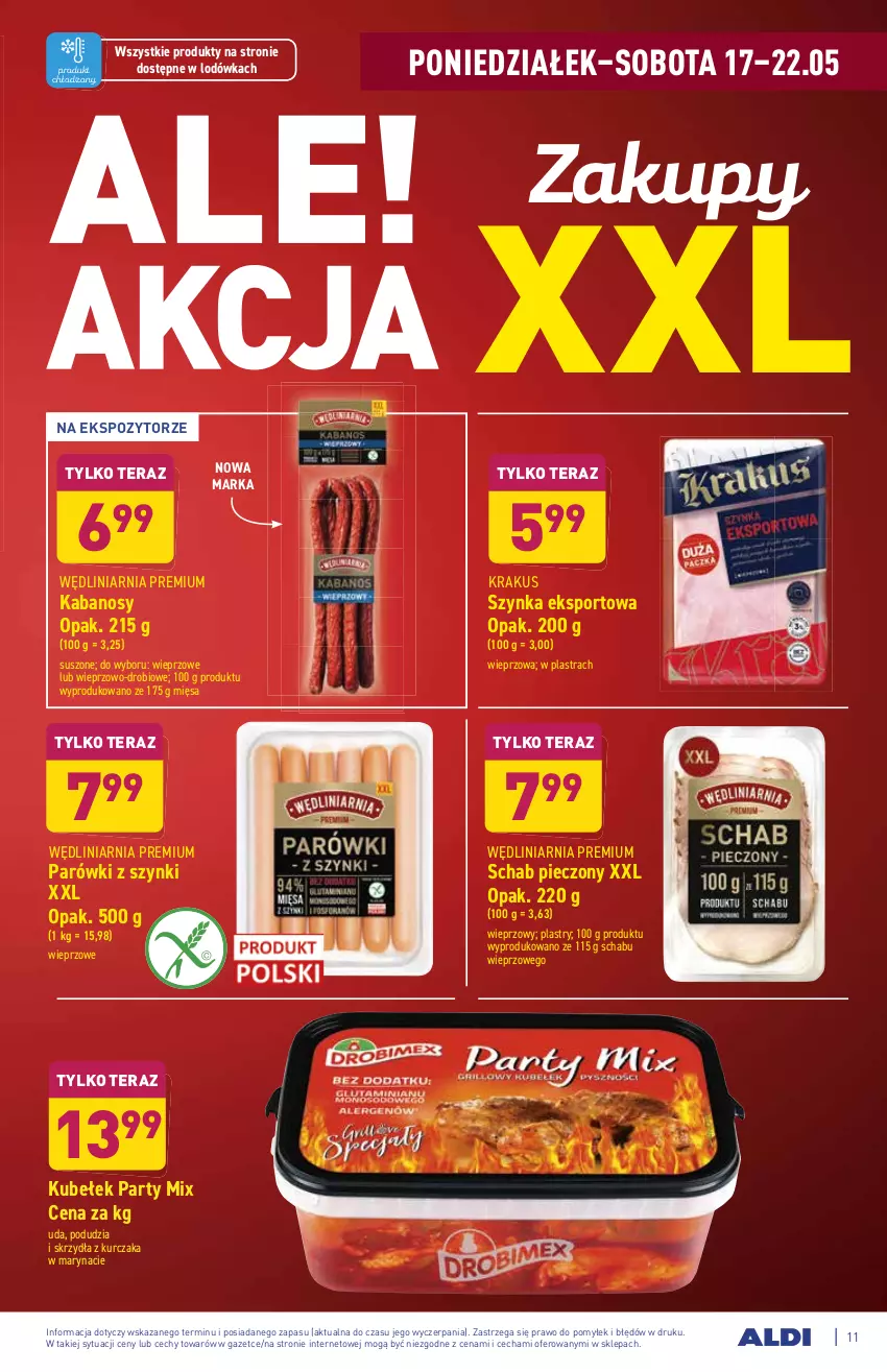 Gazetka promocyjna Aldi - ważna 17.05 do 22.05.2021 - strona 11 - produkty: Kabanos, Krakus, Kurczak, Lodówka, Parówki, Parówki z szynki, Piec, Por, Schab pieczony, Sport, Szynka, Tera