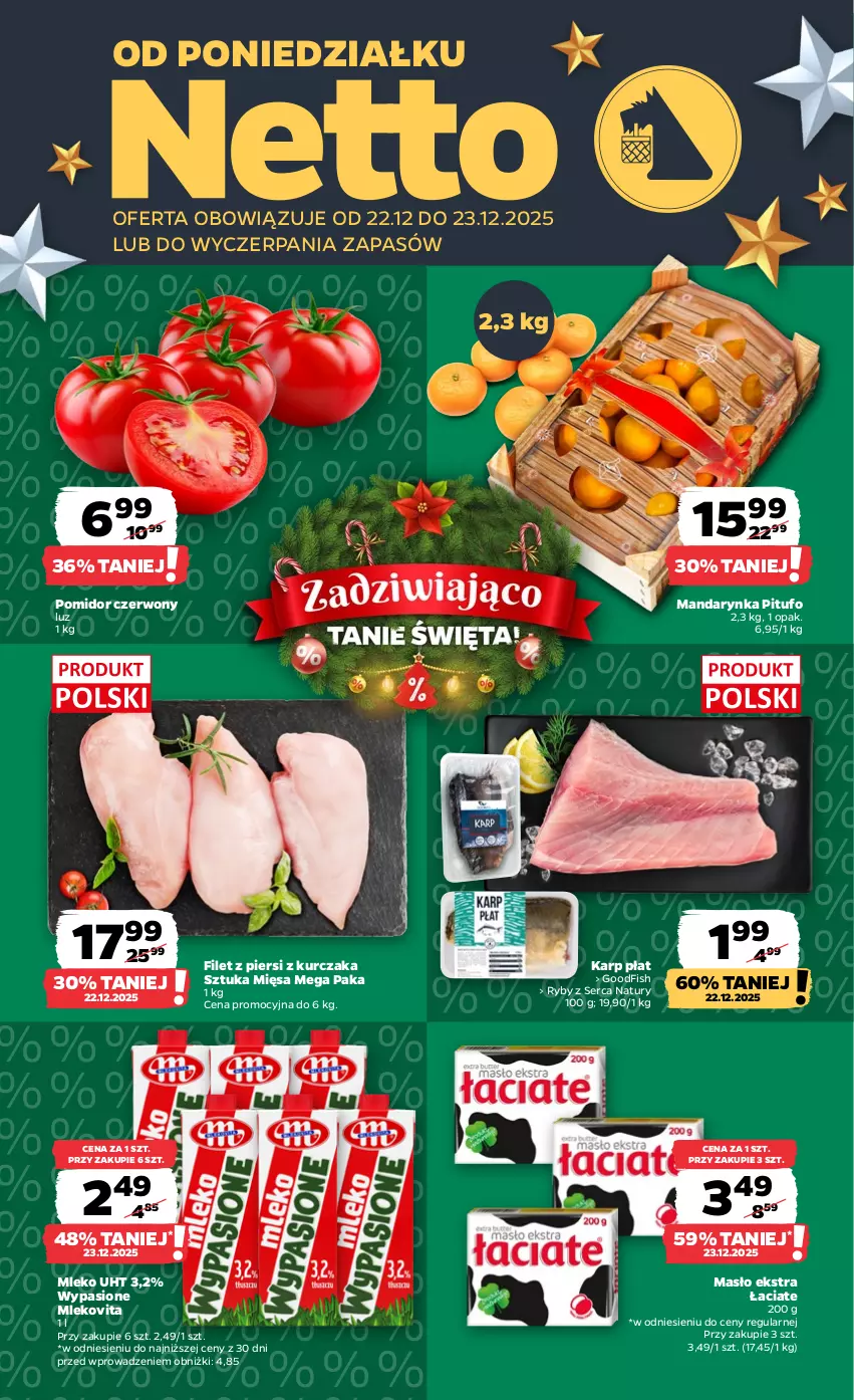 Gazetka promocyjna Netto - Od Poniedziałku - ważna 22.12 do 23.12.2025 - strona 1 - produkty: Karp, Kurczak, Masło, Mleko, Mlekovita, Ser