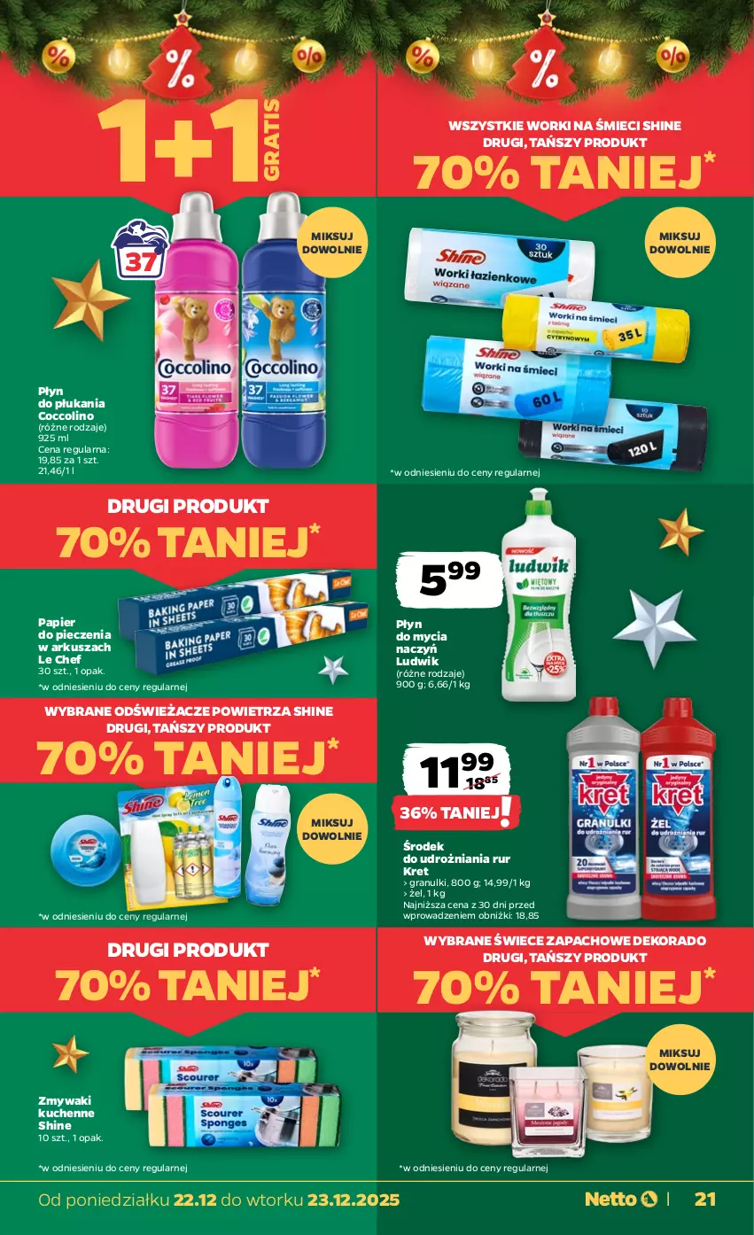 Gazetka promocyjna Netto - Od Poniedziałku - ważna 22.12 do 23.12.2025 - strona 21 - produkty: Coccolino, Do mycia naczyń, Gra, Kret, Ludwik, Papier, Papier do pieczenia, Piec, Płyn do mycia, Płyn do mycia naczyń, Płyn do płukania, Worki na śmiec, Worki na śmieci, Zmywaki kuchenne