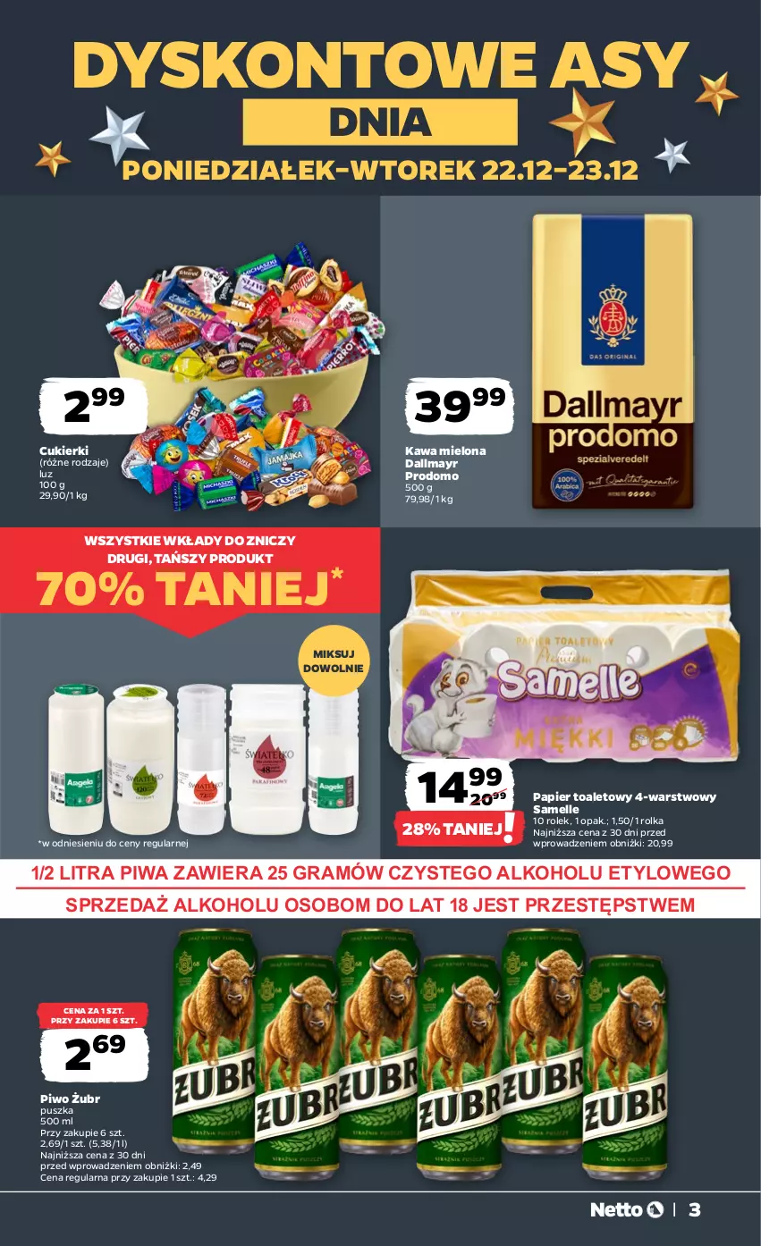 Gazetka promocyjna Netto - Od Poniedziałku - ważna 22.12 do 23.12.2025 - strona 3 - produkty: Cukier, Cukierki, Dallmayr, Gra, Kawa, Kawa mielona, Papier, Papier toaletowy, Piwa, Piwo, Znicz