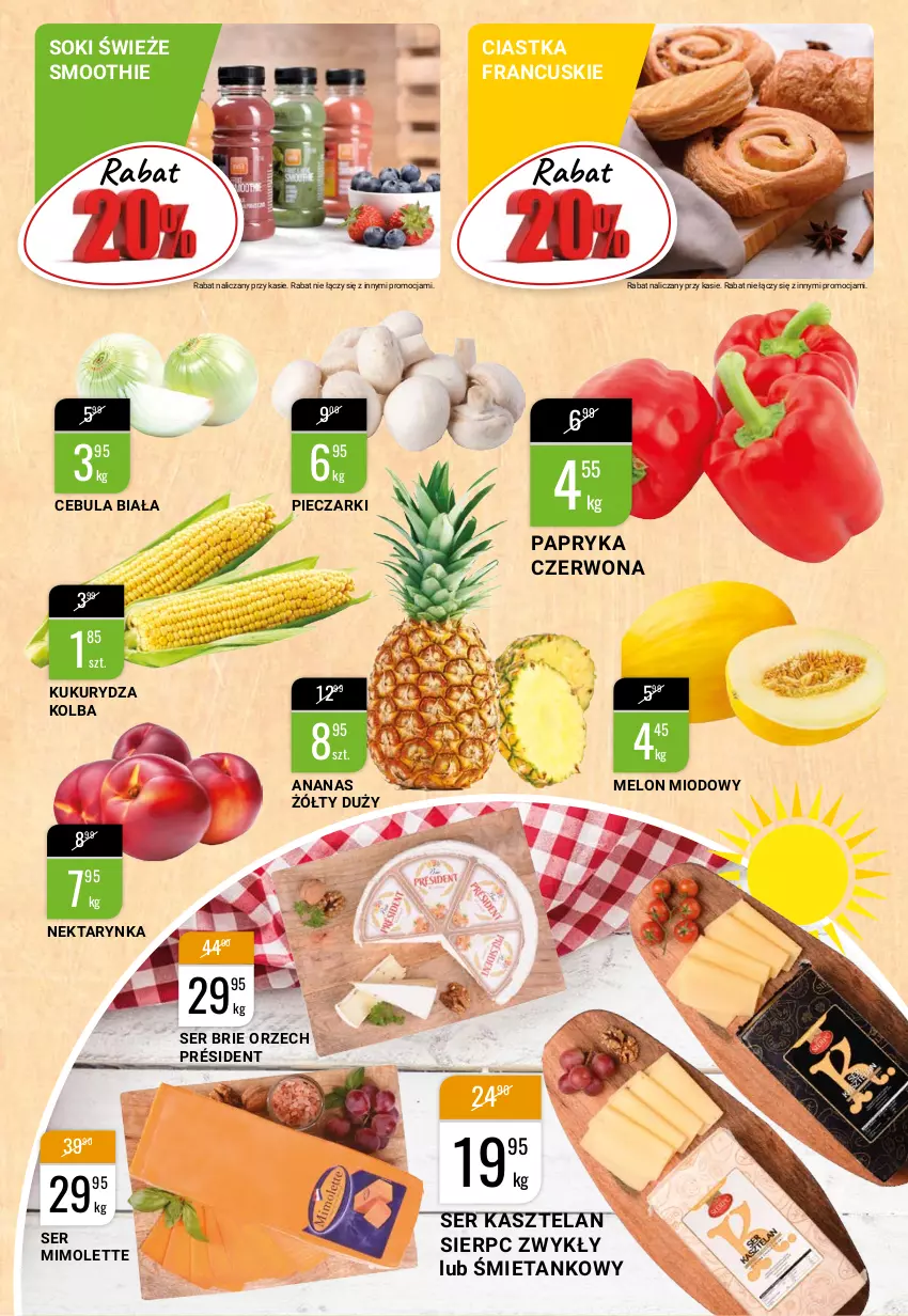 Gazetka promocyjna Bi1 - Słoneczna ofertomania - ważna 18.08 do 24.08.2021 - strona 3 - produkty: Ananas, Brie, Cebula, Cebula biała, Ciastka, Kasztelan, Kukurydza, Melon, Mimolette, Nektar, Nektarynka, Papryka, Papryka czerwona, Piec, Président, Ser, Ser Kasztelan, Smoothie, Sok