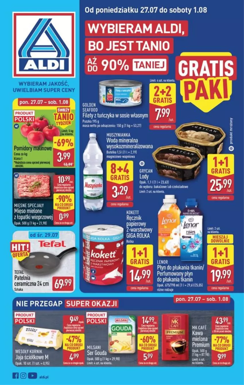 Gazetka promocyjna Aldi - Pełna oferta - ważna 27.07 do 01.08.2026 - strona 1 - produkty: Fa, Jaja, Mięso, Mięso mielone, Mus, Muszynianka, Patelnia, Sok