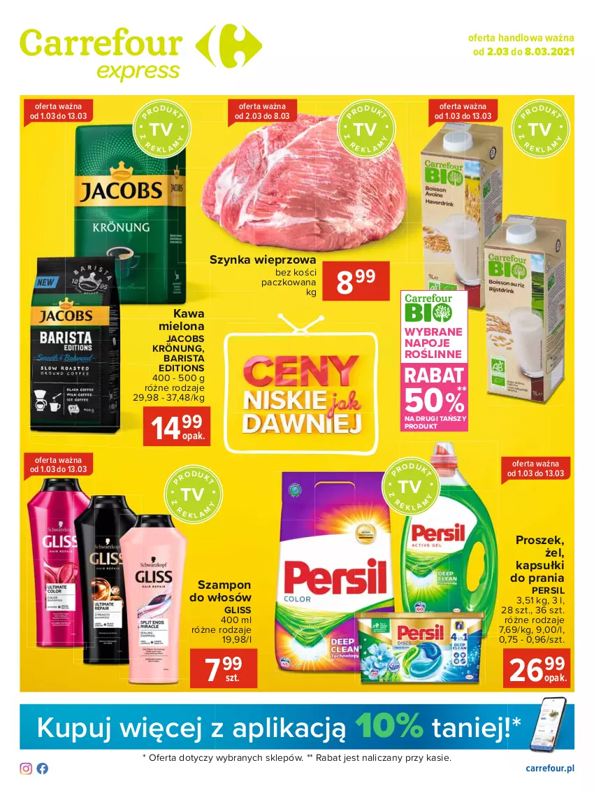 Gazetka promocyjna Carrefour - Gazetka Express - ważna 01.03 do 08.03.2021 - strona 1 - produkty: Jacobs, Jacobs Krönung, Kapsułki do prania, Kawa, Kawa mielona, Napoje, Persil, Szampon, Szynka, Szynka wieprzowa