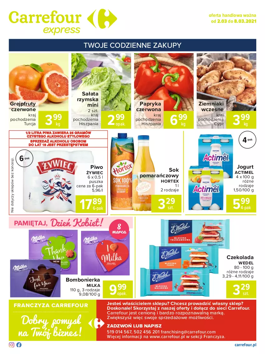 Gazetka promocyjna Carrefour - Gazetka Express - ważna 01.03 do 08.03.2021 - strona 2 - produkty: Actimel, Czekolada, Gra, Grejpfrut, Hortex, Jogurt, Mięta, Milka, Papryka, Papryka czerwona, Piwa, Piwo, Sałat, Sok, Sok pomarańczowy, Ziemniaki