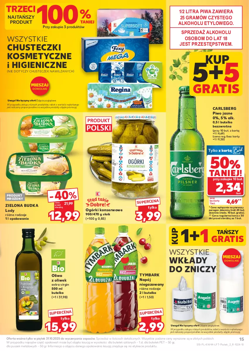 Gazetka promocyjna Kaufland - Gazetka tygodnia - ważna 29.10 do 05.11.2025 - strona 15 - produkty: Carlsberg, Chusteczki, Chusteczki kosmetyczne, Gin, Gra, Lody, Napój, Napój niegazowany, Ogórki konserwowe, Oliwa, Oliwa z oliwek, Piwa, Piwo, Piwo jasne, Por, Ser, Sok, Tymbark, Waga, Zielona Budka, Znicz