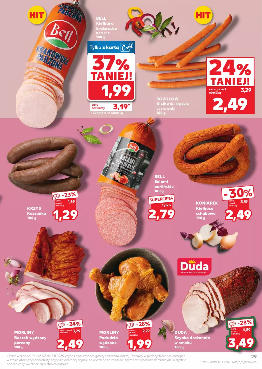 Gazetka promocyjna Kaufland - Gazetka tygodnia - ważna 29.10 do 05.11.2025 - strona 29 - produkty: Bell, Boczek, Duda, Kasza, Kaszanka, Kiełbasa, Kiełbasa krakowska, Kiełbasa schabowa, Kiełbaski śląskie, Morliny, Salami, Sok, Sokołów, Szynka