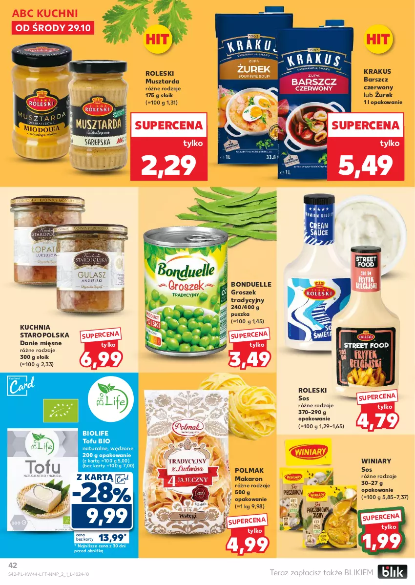 Gazetka promocyjna Kaufland - Gazetka tygodnia - ważna 29.10 do 05.11.2025 - strona 42 - produkty: Bonduelle, Groszek, Krakus, Kuchnia, Kuchnia Staropolska, Makaron, Mus, Musztarda, Olma, Sos, Tera, Tofu, Winiary