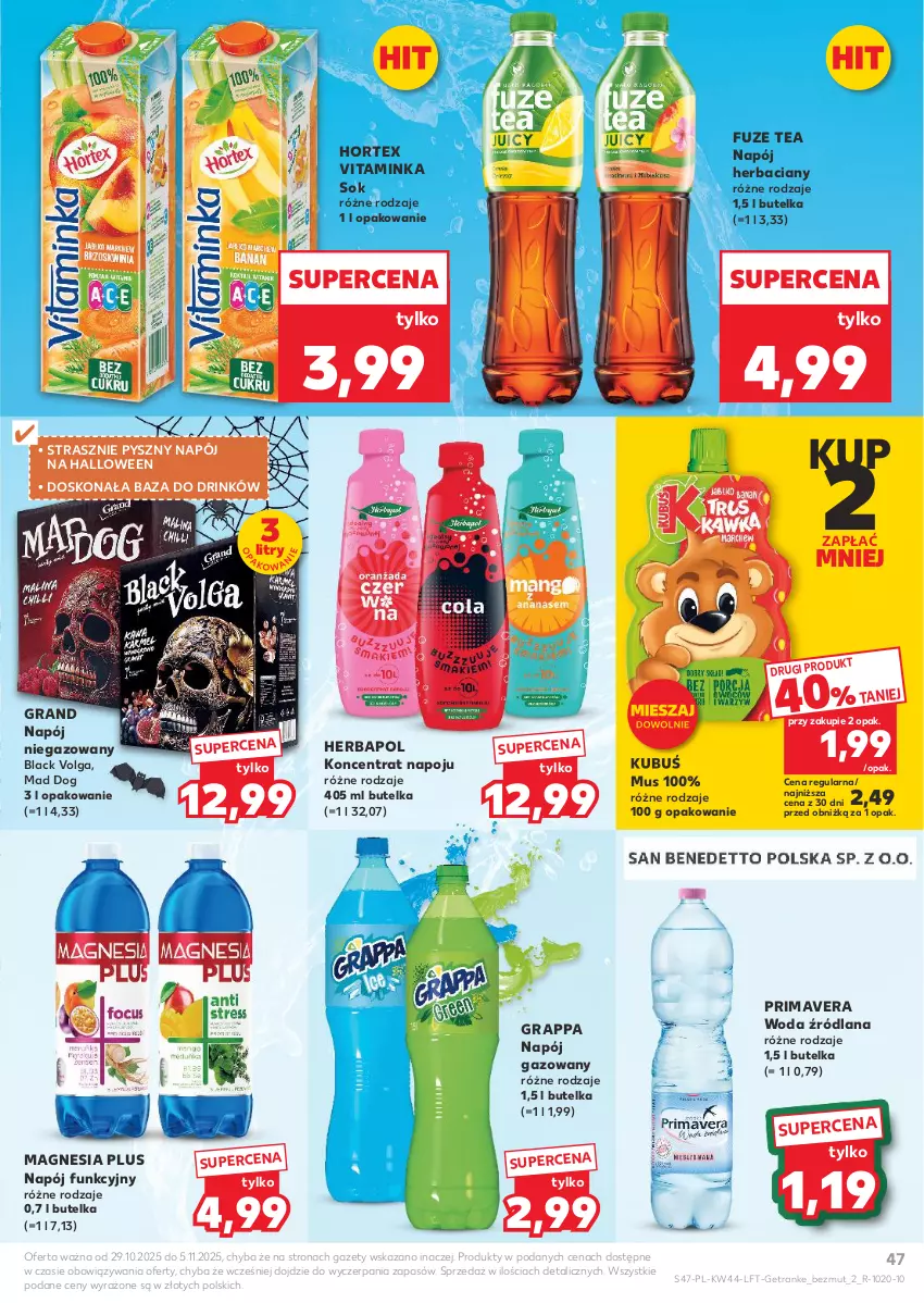 Gazetka promocyjna Kaufland - Gazetka tygodnia - ważna 29.10 do 05.11.2025 - strona 47 - produkty: Gra, Grappa, Herbapol, Hortex, Inka, Kubuś, Lack, LANA, LG, Mus, Napój, Napój gazowany, Napój niegazowany, Prima, Primavera, Sok, Tran, Woda