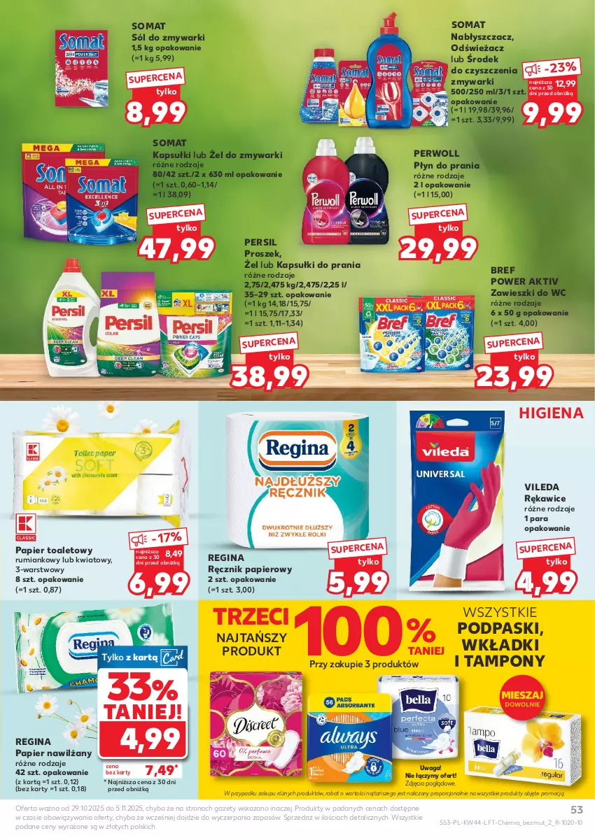 Gazetka promocyjna Kaufland - Gazetka tygodnia - ważna 29.10 do 05.11.2025 - strona 53 - produkty: Bref, Gin, Kapsułki do prania, Papier, Papier toaletowy, Persil, Perwoll, Płyn do prania, Podpaski, Por, Ręcznik, Rękawice, Rum, Sól, Somat, Tampony, Vileda, Waga, Wkładki, Zawieszki, Zmywarki