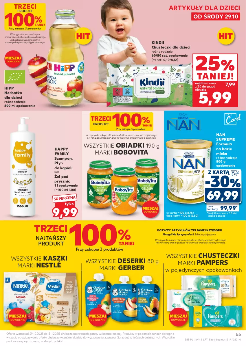 Gazetka promocyjna Kaufland - Gazetka tygodnia - ważna 29.10 do 05.11.2025 - strona 55 - produkty: BoboVita, Chusteczki, Deser, Dzieci, Fa, Gerber, HiPP, Kindii, Nestlé, Pampers, Płyn do kąpieli, Por, Ser, Szampon, Waga