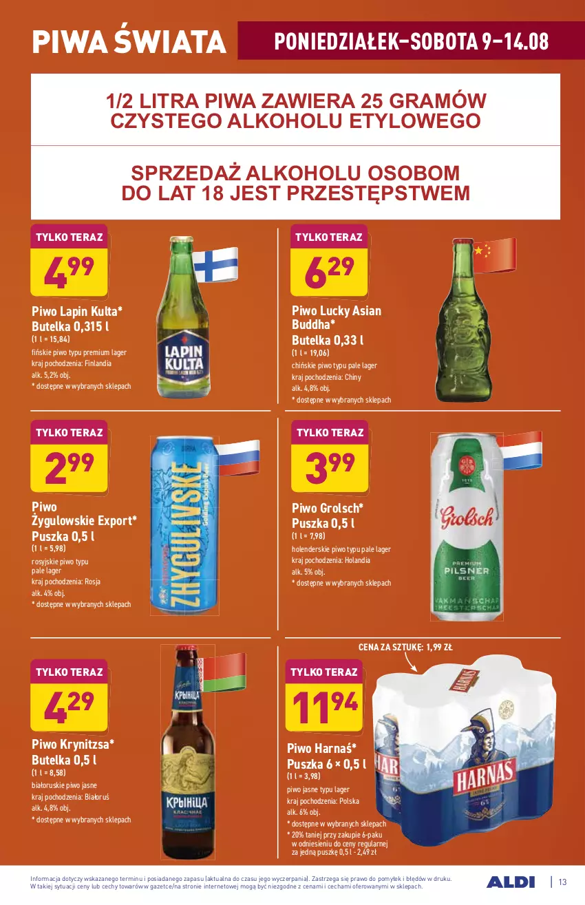 Gazetka promocyjna Aldi - ważna 09.08 do 14.08.2021 - strona 13 - produkty: Finlandia, Gra, Harnaś, Piwa, Piwo, Piwo jasne, Por, Tera