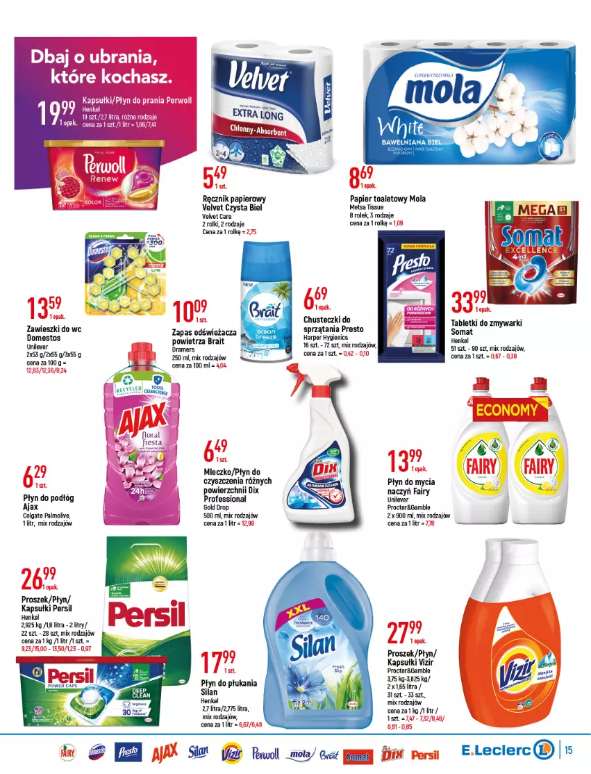 Gazetka promocyjna E Leclerc - ważna 08.03 do 19.03.2022 - strona 15 - produkty: Ajax, Chusteczki, Colgate, Domestos, Fa, Gra, LG, Mleczko, Mola, Palmolive, Papier, Papier toaletowy, Persil, Płyn do mycia, Płyn do płukania, Presto, Ręcznik, Rolki, Silan, Somat, Tablet, Tabletki do zmywarki, Velvet, Vizir, Zawieszki, Zmywarki