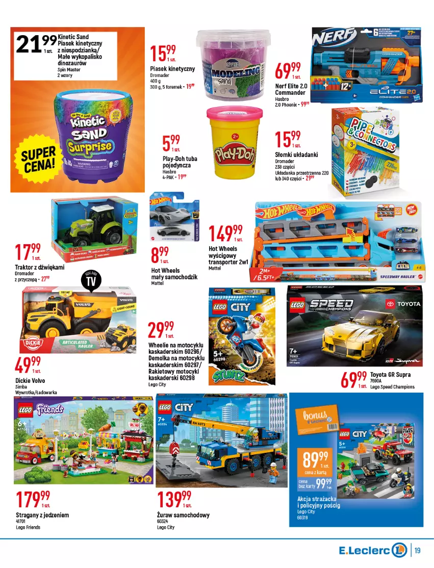 Gazetka promocyjna E Leclerc - ważna 08.03 do 19.03.2022 - strona 19 - produkty: Chodzik, Dinozaur, Hasbro, Hot Wheels, Kask, LEGO, LEGO City, LEGO Friends, Mattel, Piasek kinetyczny, Por, Sport, Toyo, Traktor, Tran, Układanka, Warka, Wywrotka