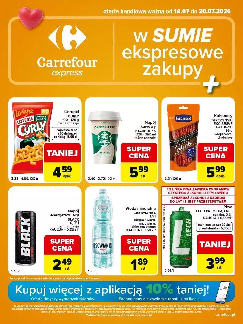 Gazetka promocyjna Carrefour - Gazetka express w SUMIE ekspresowe zakupy - ważna 14.07 do 20.07.2026 - strona 1 - produkty: Chrupki, Cisowianka, Gra, Kabanos, Lack, Lech Premium, Napój, Piwa, Piwo, Tarczyński, Woda, Woda mineralna