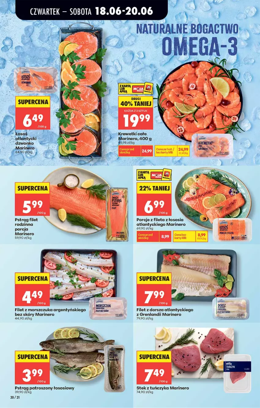 Gazetka promocyjna Biedronka - Od Czwartku - ważna 18.06 do 24.06.2026 - strona 30 - produkty: Dorsz, Filet z dorsza atlantyckiego, Filet z morszczuka, Por, Pstrąg, Sos, Stek, Tuńczyk