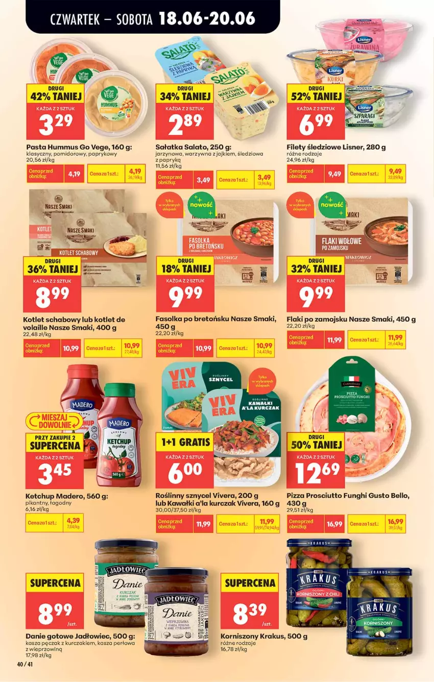 Gazetka promocyjna Biedronka - Od Czwartku - ważna 18.06 do 24.06.2026 - strona 40 - produkty: AEG, Bell, Danie gotowe, Fa, Flaki, Flaki po zamojsku, Hummus, Kasza, Kawa, Ketchup, Korniszony, Kotlet, Krakus, Kurczak, Lisner, Mus, Pizza, Prosciutto, Sałat, Sałatka