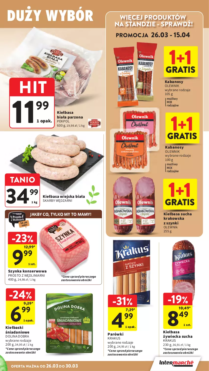 Gazetka promocyjna Intermarche - Gazetka promocyjna - ważna 26.03 do 30.03.2026 - strona 23 - produkty: Danio, Gra, Kabanos, Kiełbasa, Kiełbasa biała, Kiełbasa wiejska, Krakus, Olewnik, Parówki, Pekpol, Ser, Szynka, Szynka konserwowa