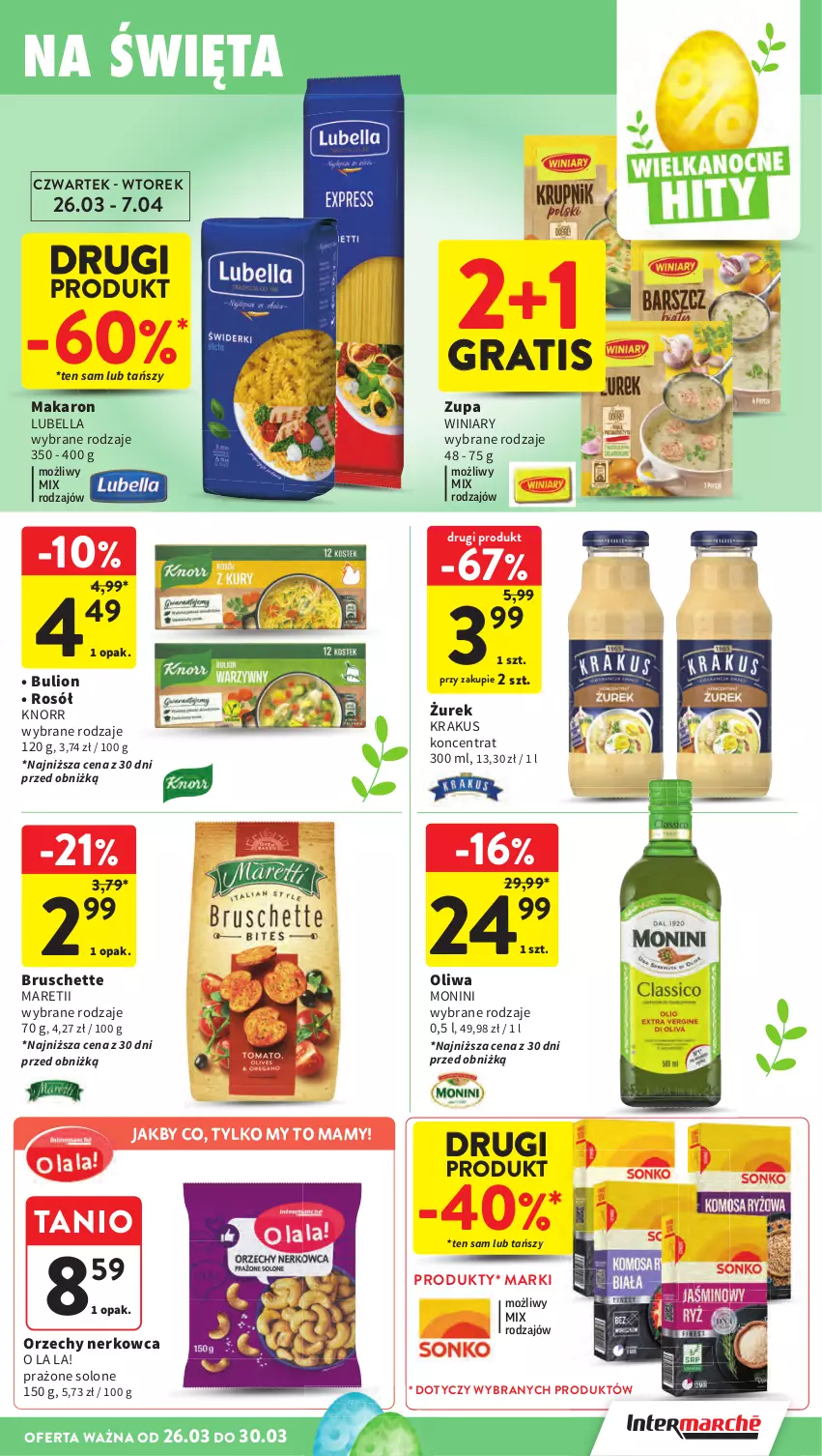 Gazetka promocyjna Intermarche - Gazetka promocyjna - ważna 26.03 do 30.03.2026 - strona 35 - produkty: Bell, Bella, Bruschette, Bulion, Gra, Knorr, Krakus, Lion, Lubella, Makaron, Monini, Oliwa, Rosół, Winiary, Zupa