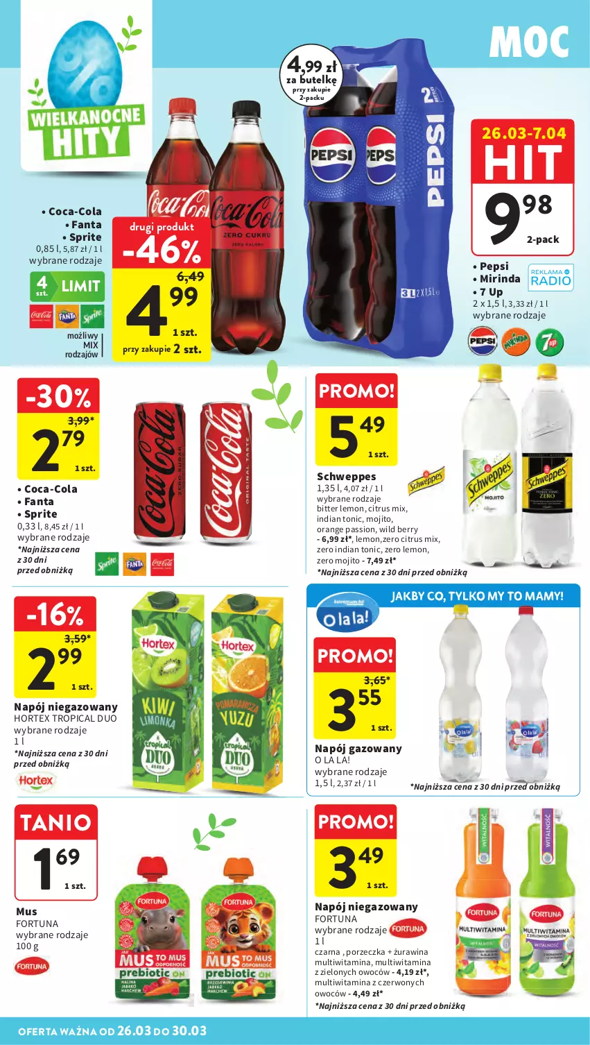 Gazetka promocyjna Intermarche - Gazetka promocyjna - ważna 26.03 do 30.03.2026 - strona 38 - produkty: Coca-Cola, Fa, Fanta, Fortuna, Hortex, Mirinda, Mus, Napój, Napój gazowany, Napój niegazowany, Pepsi, Por, Schweppes, Sprite, Tropical